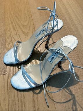 Jimmy Choo Metallic Silver Wrap Around Lace-Up Sandals